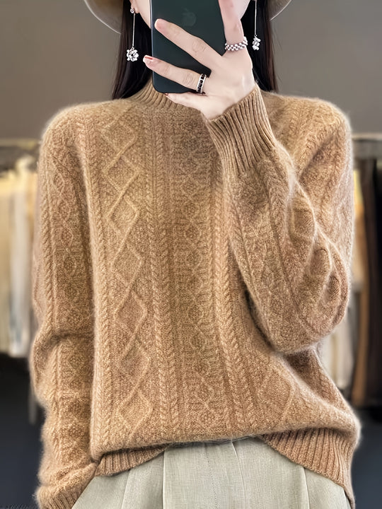 Cable knit sweater with stand-up collar for women