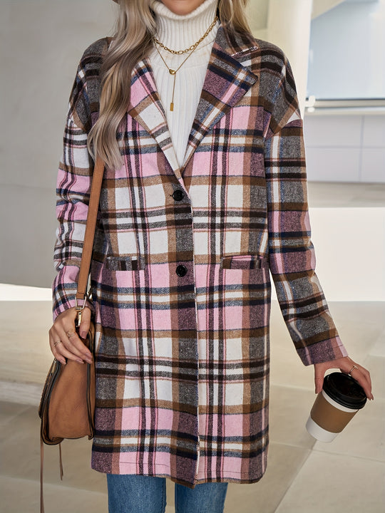 Checked long coat with button placket for women
