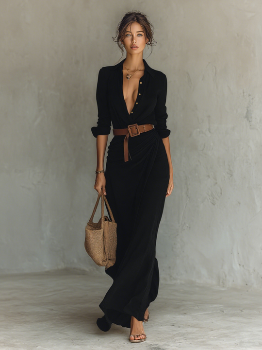 Women's Maxi Dress with Belt and Flowing Cut 