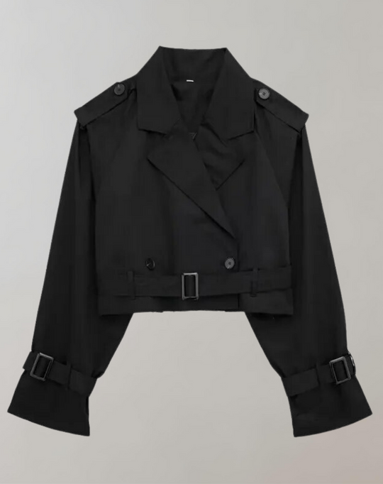 Women's Short Trench Coat with Belt and Long Sleeves 