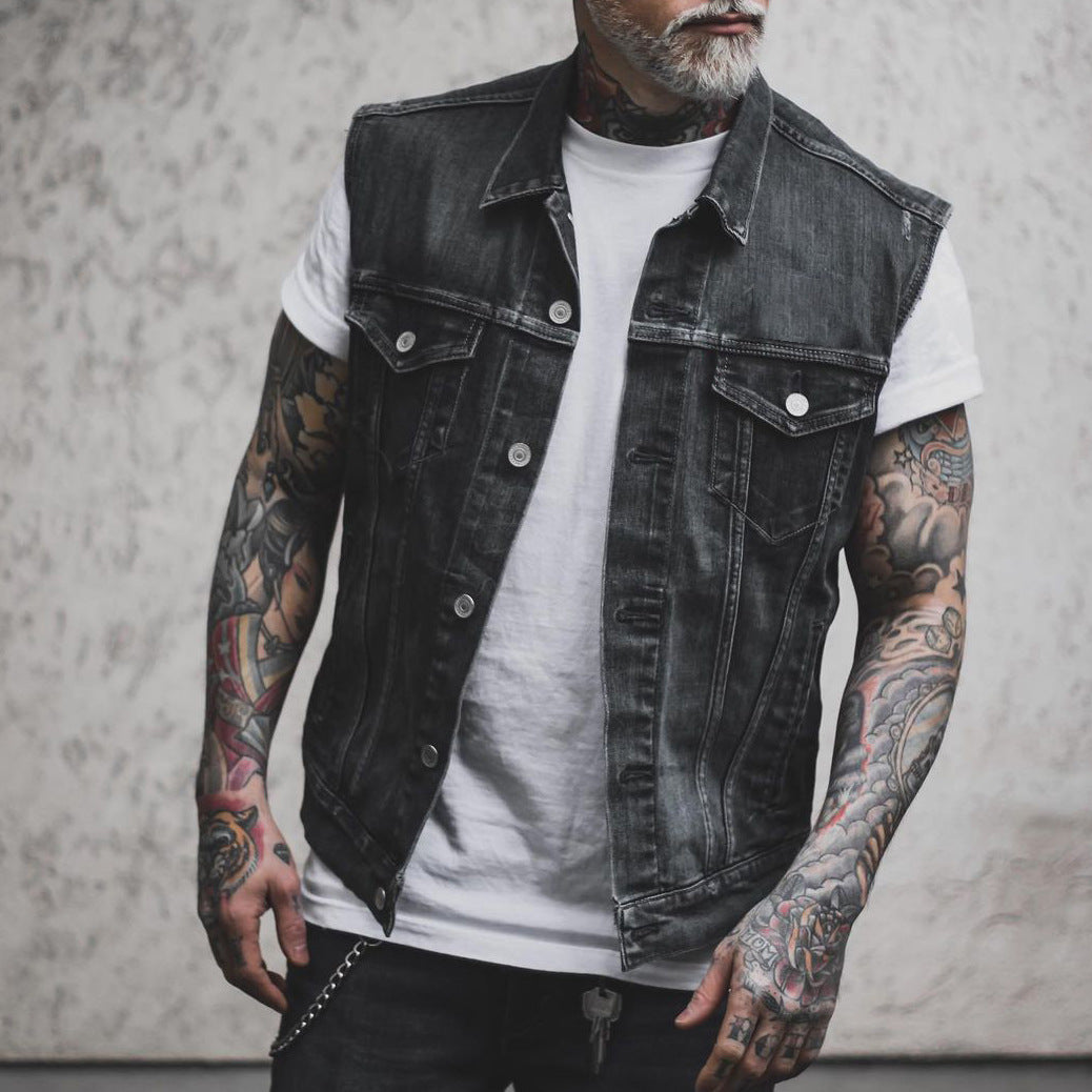 Men's Sleeveless Denim Vest with Turn-Down Collar and Straight Hem 