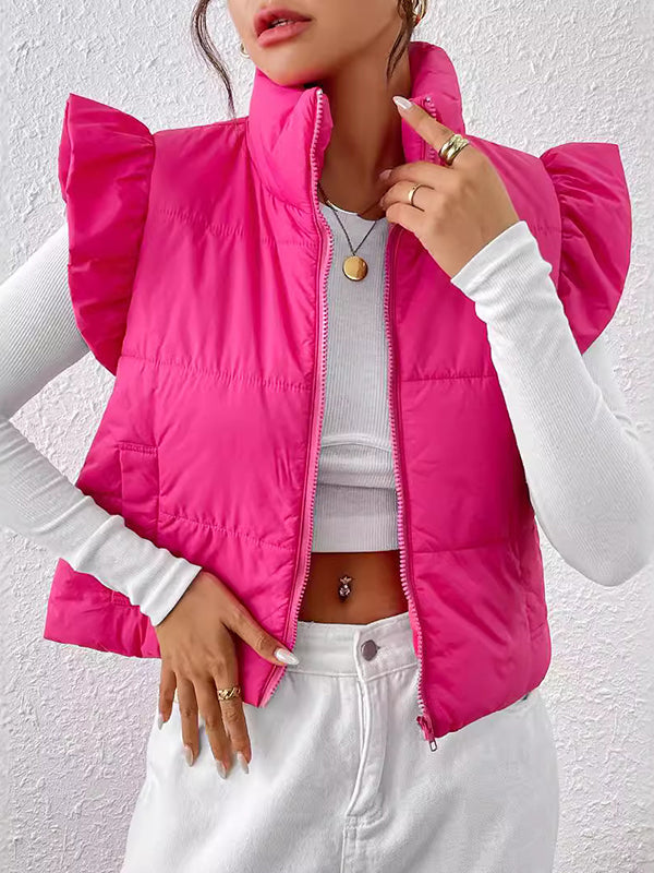 Women's quilted vest with ruffled sleeves and high collar