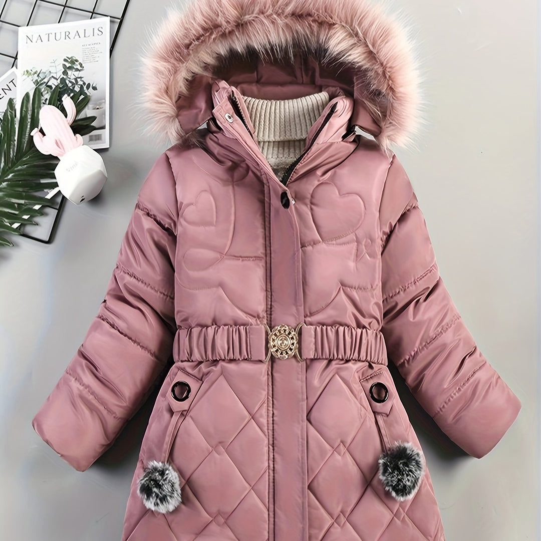 Quilted winter jacket with hood and belt for women