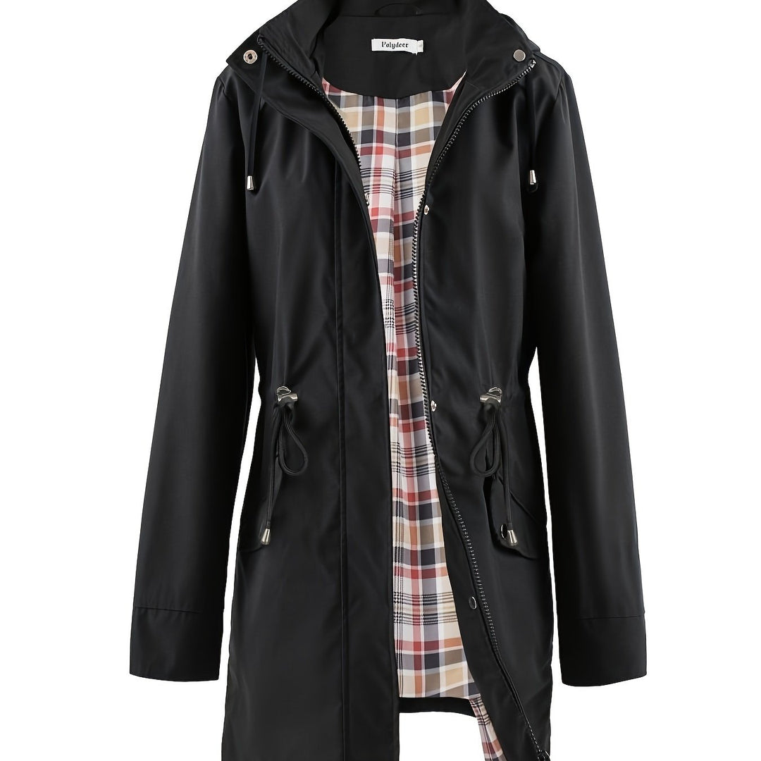 Women's trench coat with hood, zipper and drawstring waist