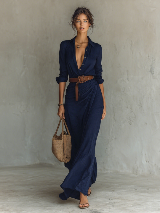Women's Maxi Dress with Belt and Flowing Cut 