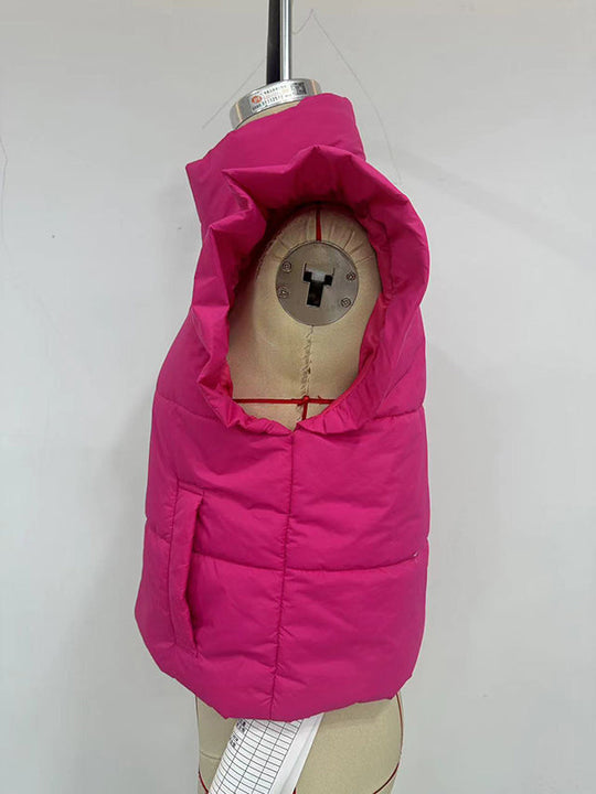 Women's quilted vest with ruffled sleeves and high collar