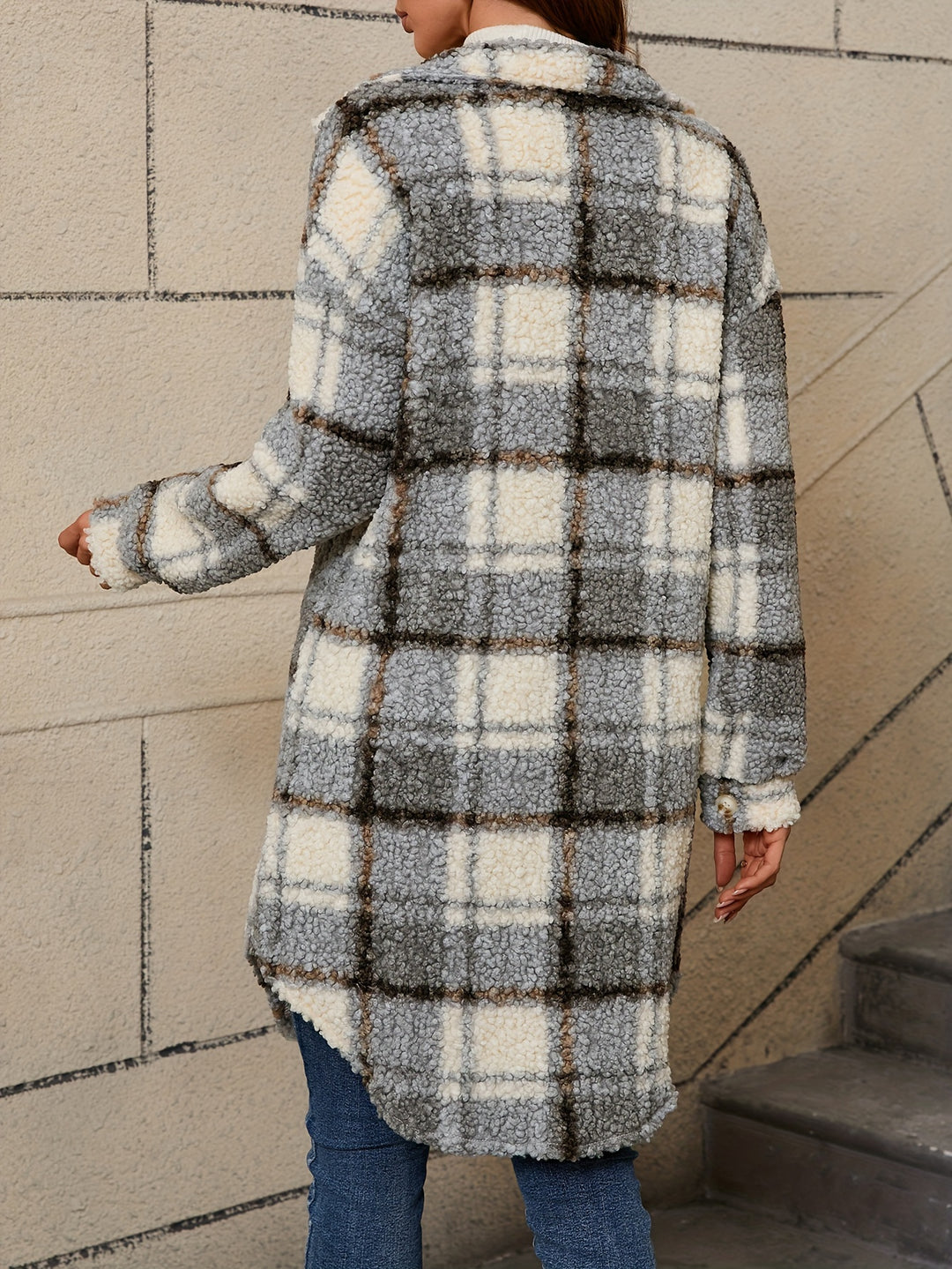 Checked long jacket with button placket and collar for women