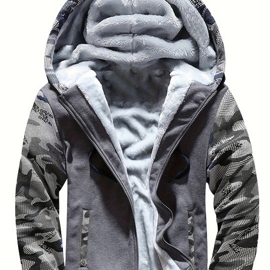 Warm camouflage fleece jacket with hood for men