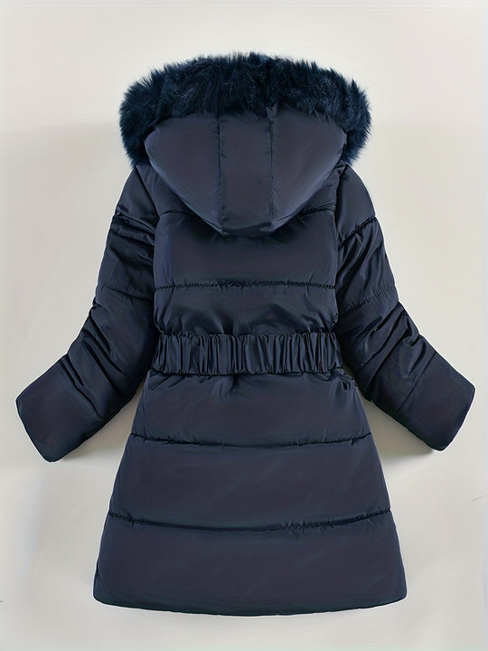 Quilted winter jacket with hood and belt for women