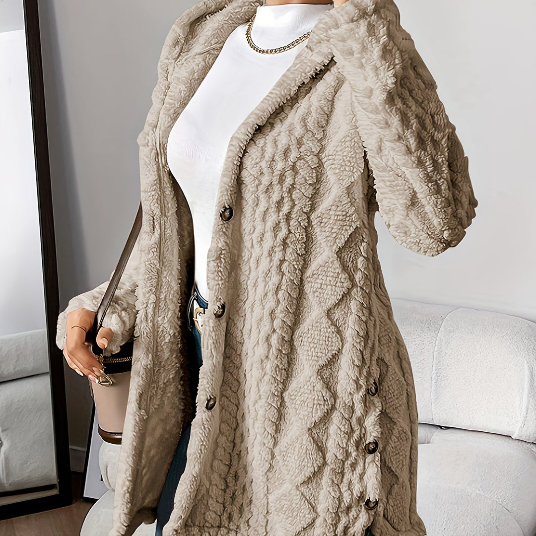 Jacquard knitted coat with hood and button placket for women