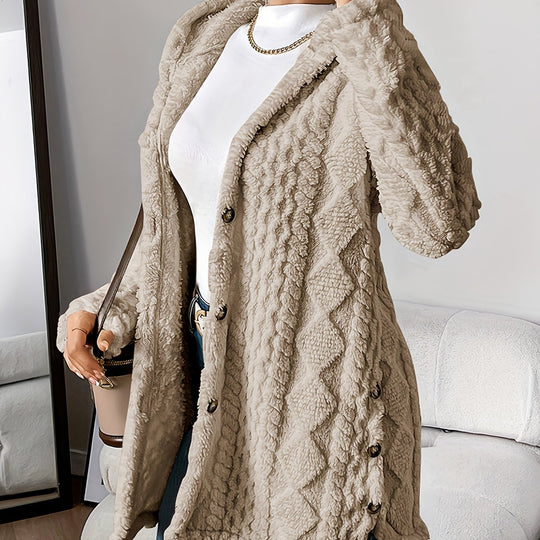 Jacquard knitted coat with hood and button placket for women