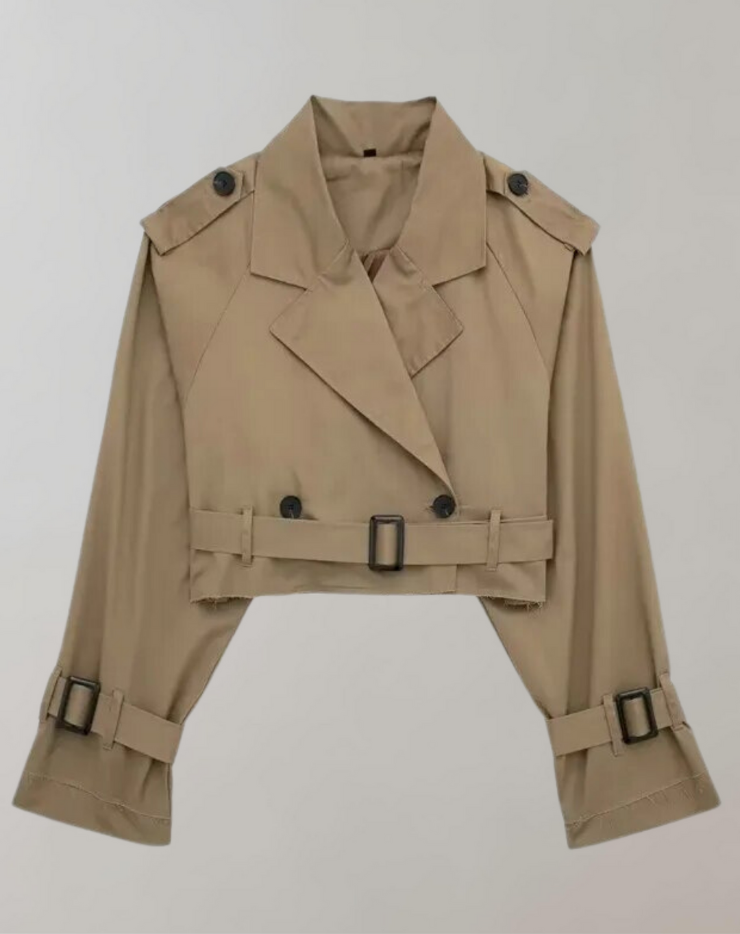 Women's Short Trench Coat with Belt and Long Sleeves 