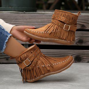 Damen Fransenstiefel Aus Weichem Wildleder Mit Riemen