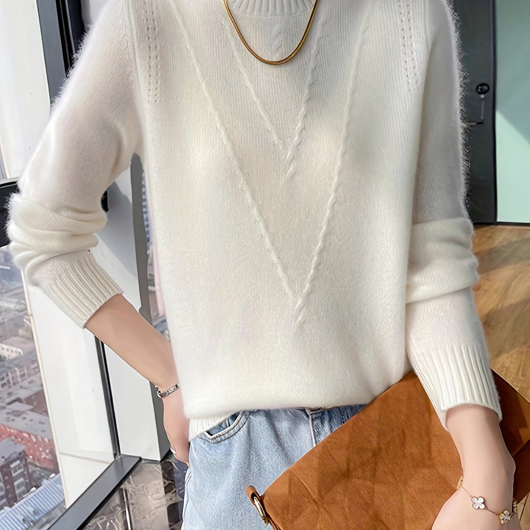 Women's knitted sweater with stand-up collar and textured pattern