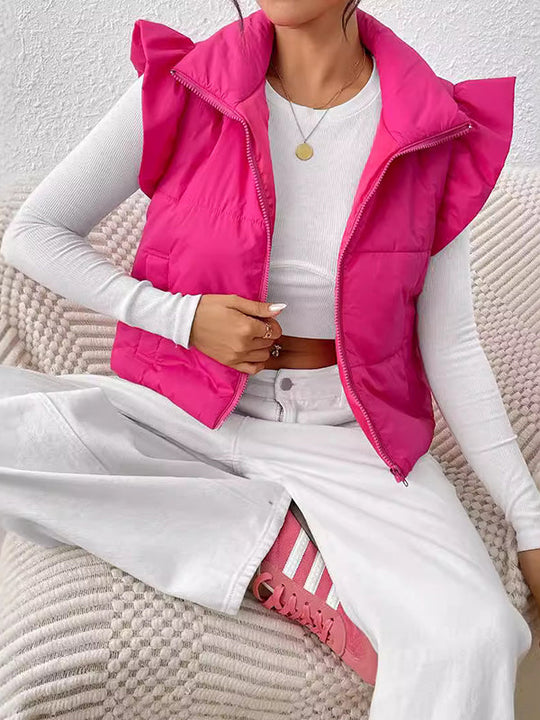 Women's quilted vest with ruffled sleeves and high collar