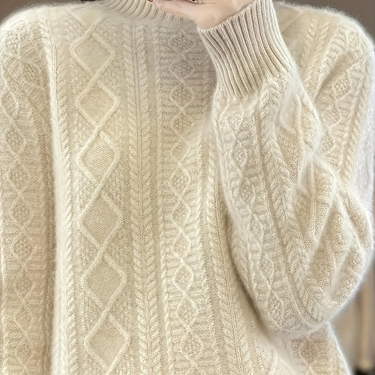 Cable knit sweater with stand-up collar for women