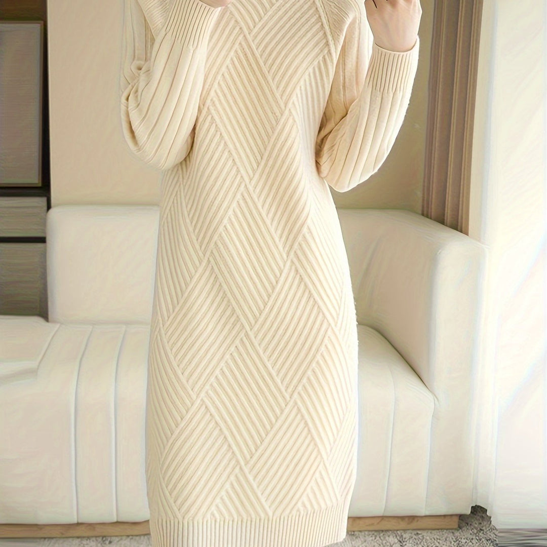 Women's knitted dress with stand-up collar and ribbed texture