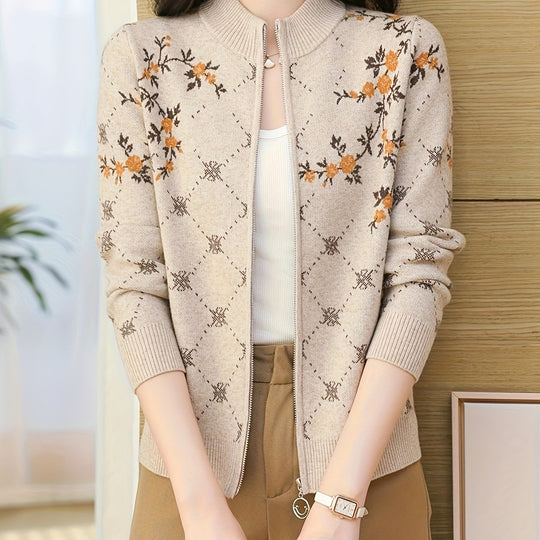 Jacquard cardigan with zipper and stand-up collar for women