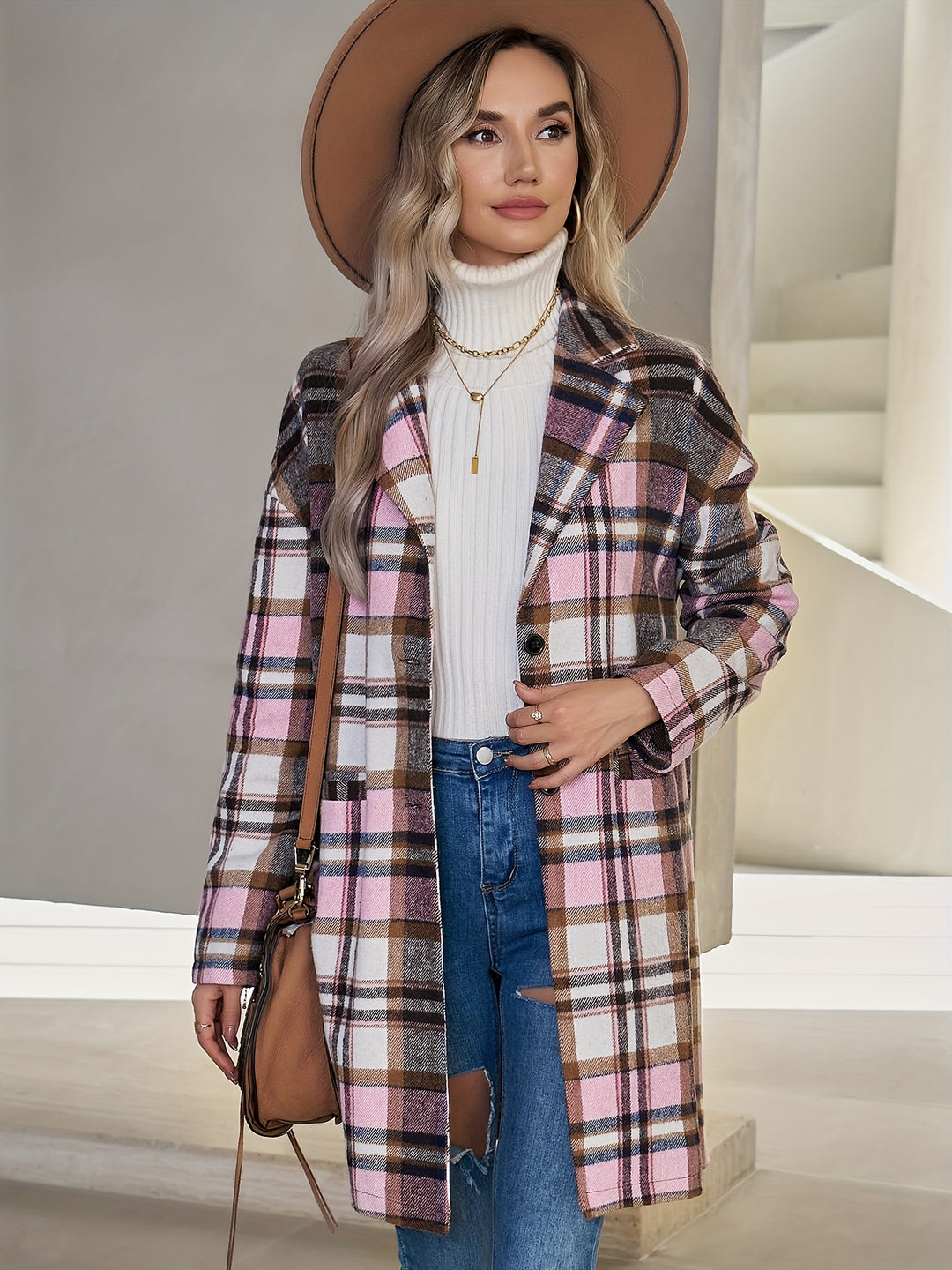 Checked long coat with button placket for women