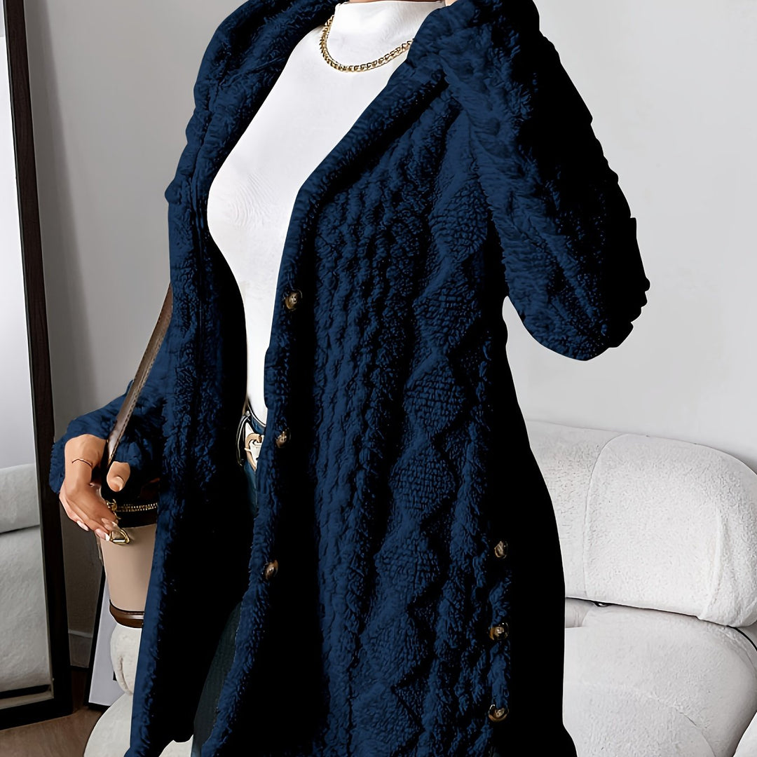Jacquard knitted coat with hood and button placket for women