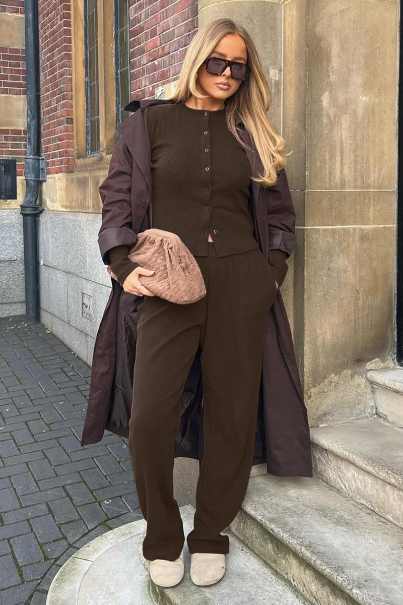 Damen Rippstrick Set Mit Stehkragen Und Hose