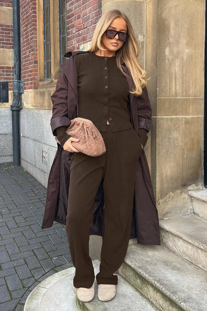 Damen Rippstrick Set Mit Stehkragen Und Hose