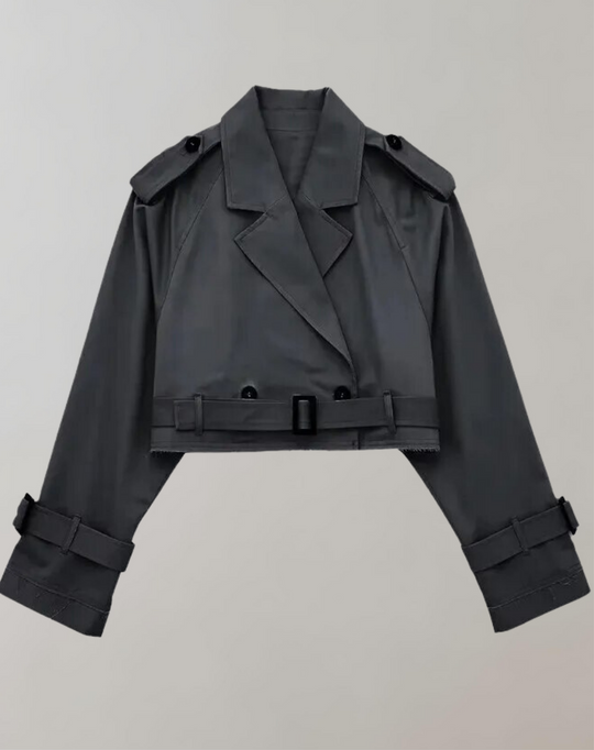 Women's Short Trench Coat with Belt and Long Sleeves 