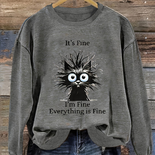 Women's sweatshirt with cat motif and round neck