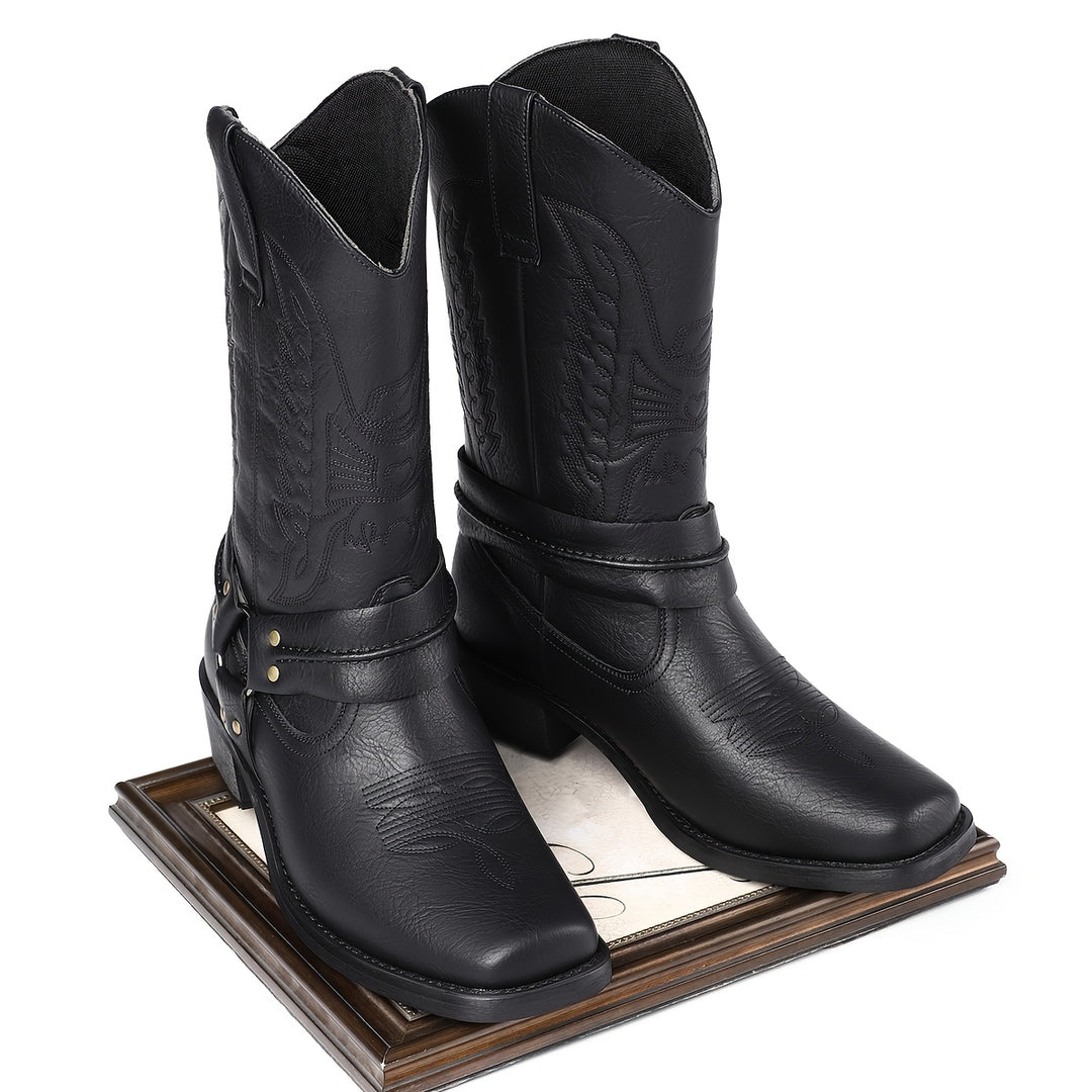 Western boots with decorative buckle and square toe for women 