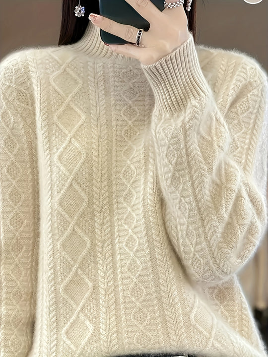 Cable knit sweater with stand-up collar for women