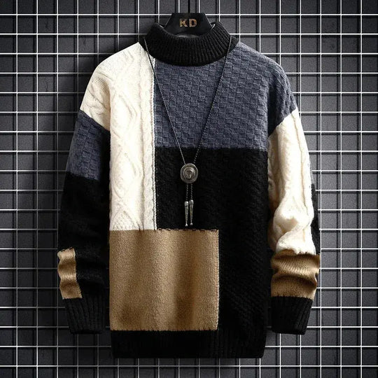 Men's Sweater with Color Block Pattern and Textured Knit