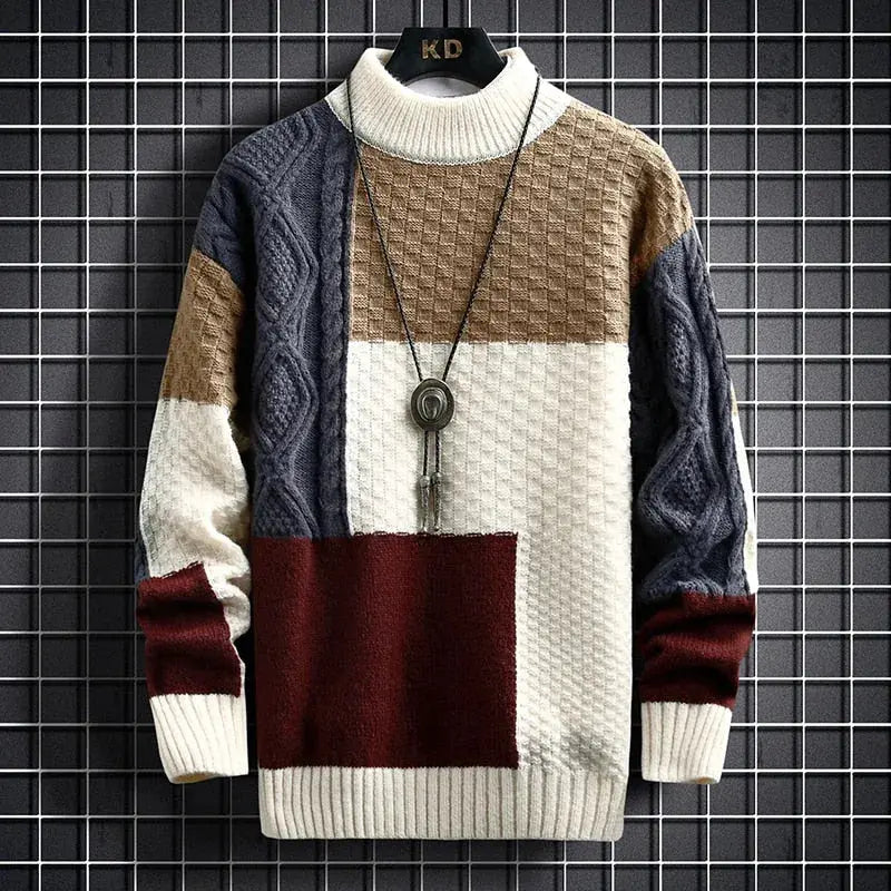 Men's Sweater with Color Block Pattern and Textured Knit
