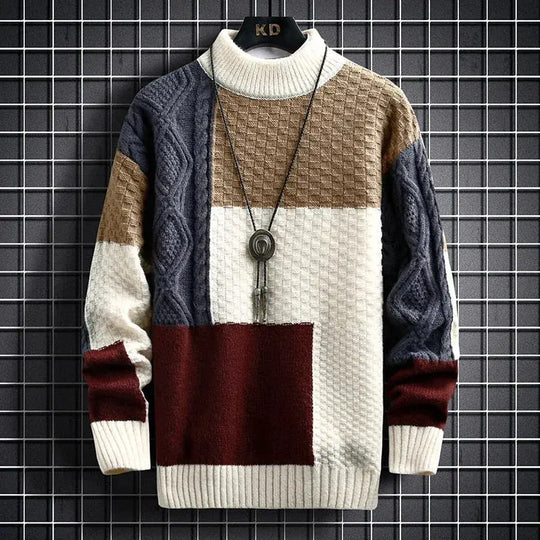 Men's Sweater with Color Block Pattern and Textured Knit