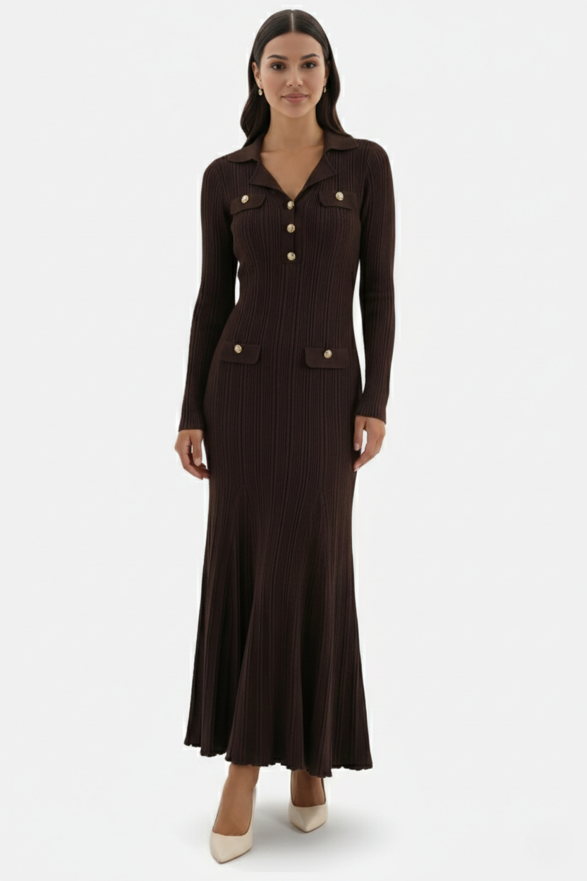 Damen-Strickkleid mit langen Ärmeln und Maxilänge