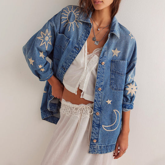 Women's denim jacket with sun and moon embroidery