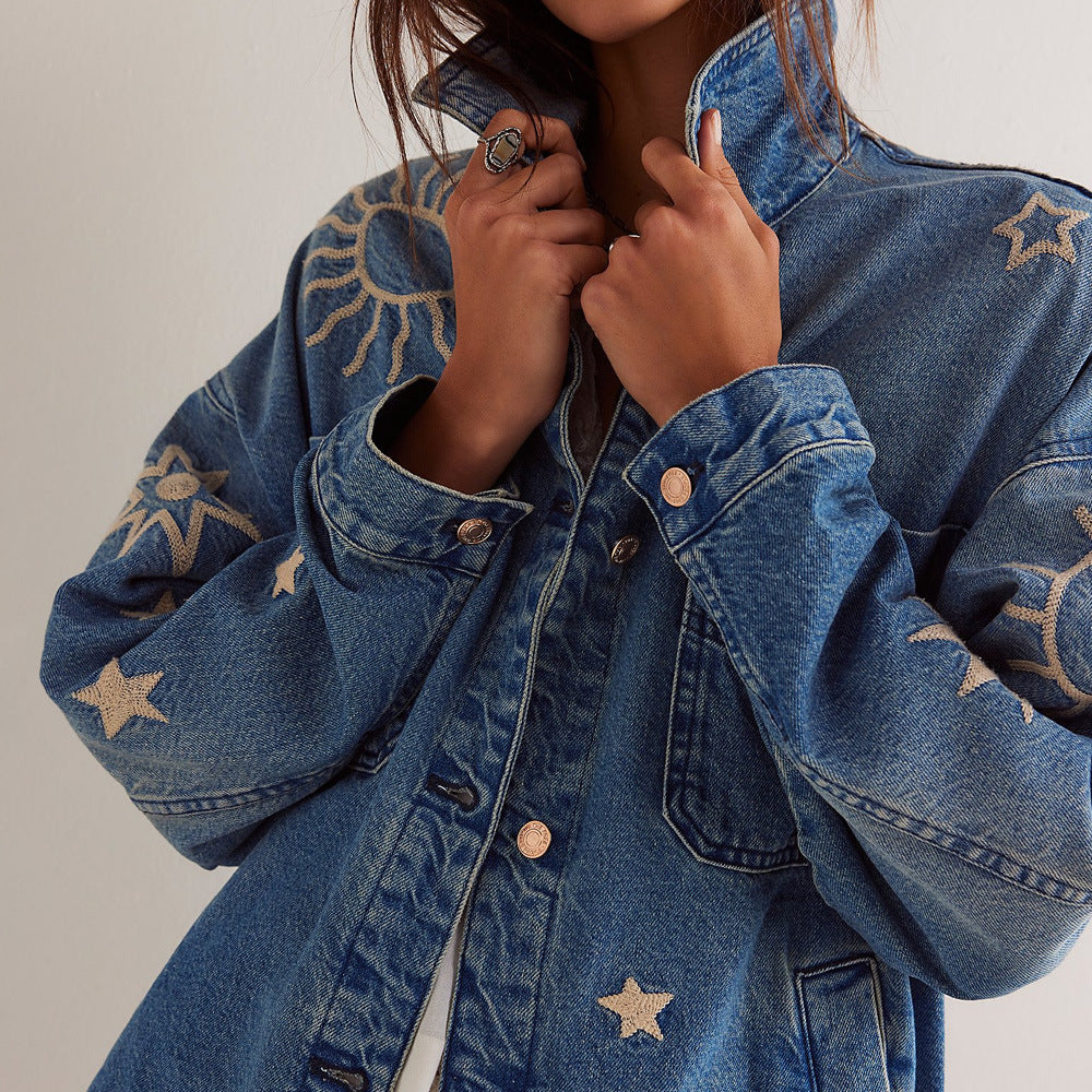 Women's denim jacket with sun and moon embroidery