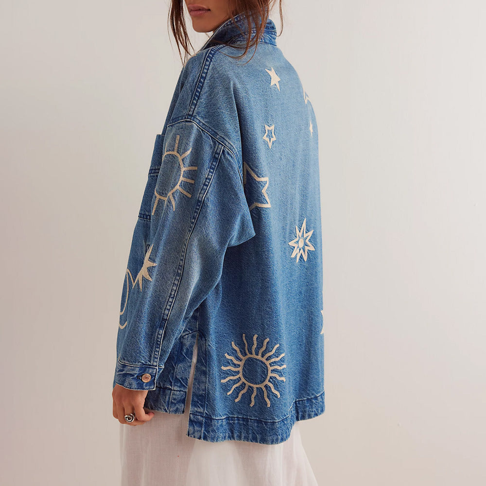 Women's denim jacket with sun and moon embroidery