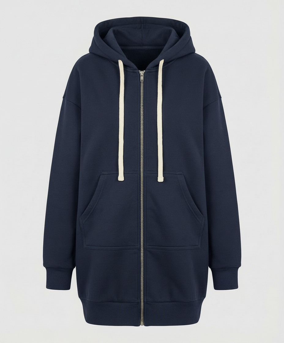 Detailansicht des Reißverschlusses am knielangen Damen-Hoodie