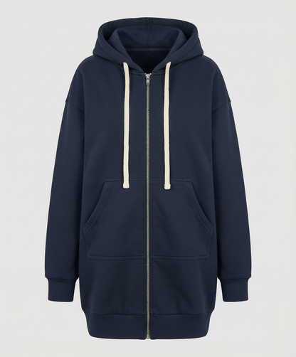 Detailansicht des Reißverschlusses am knielangen Damen-Hoodie