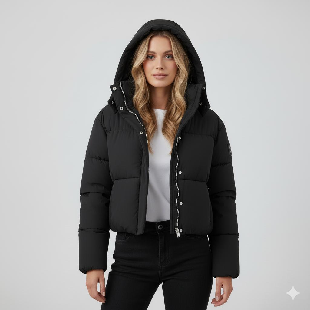 Women's quilted jacket with hood and modern design