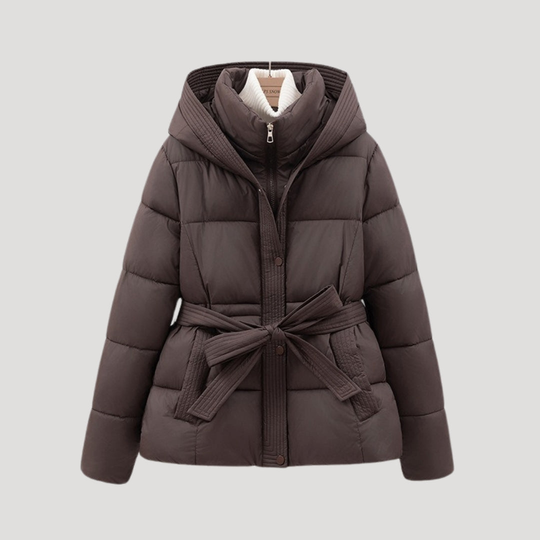 Women's Long Winter Jacket with Huva and Waist Belt