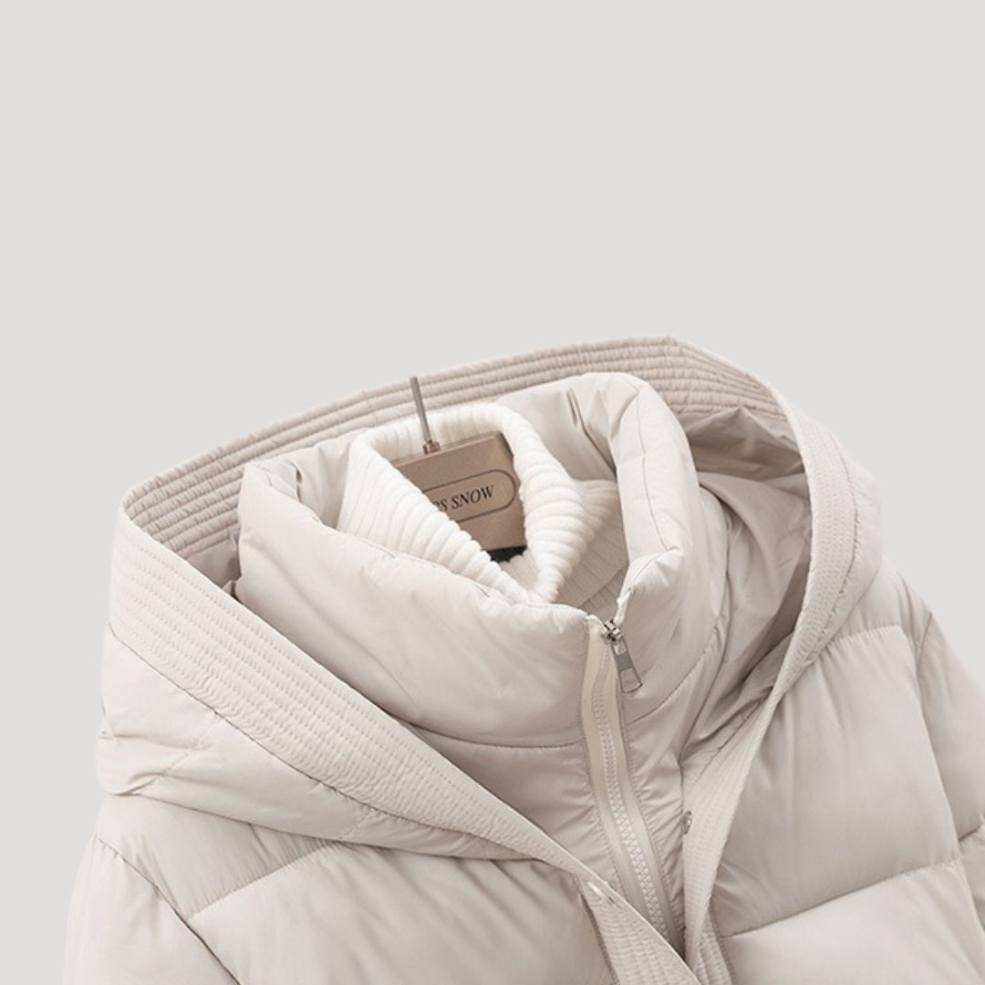 Women's Long Winter Jacket with Huva and Waist Belt