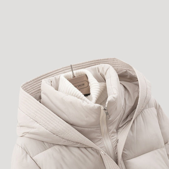 Women's Long Winter Jacket with Huva and Waist Belt