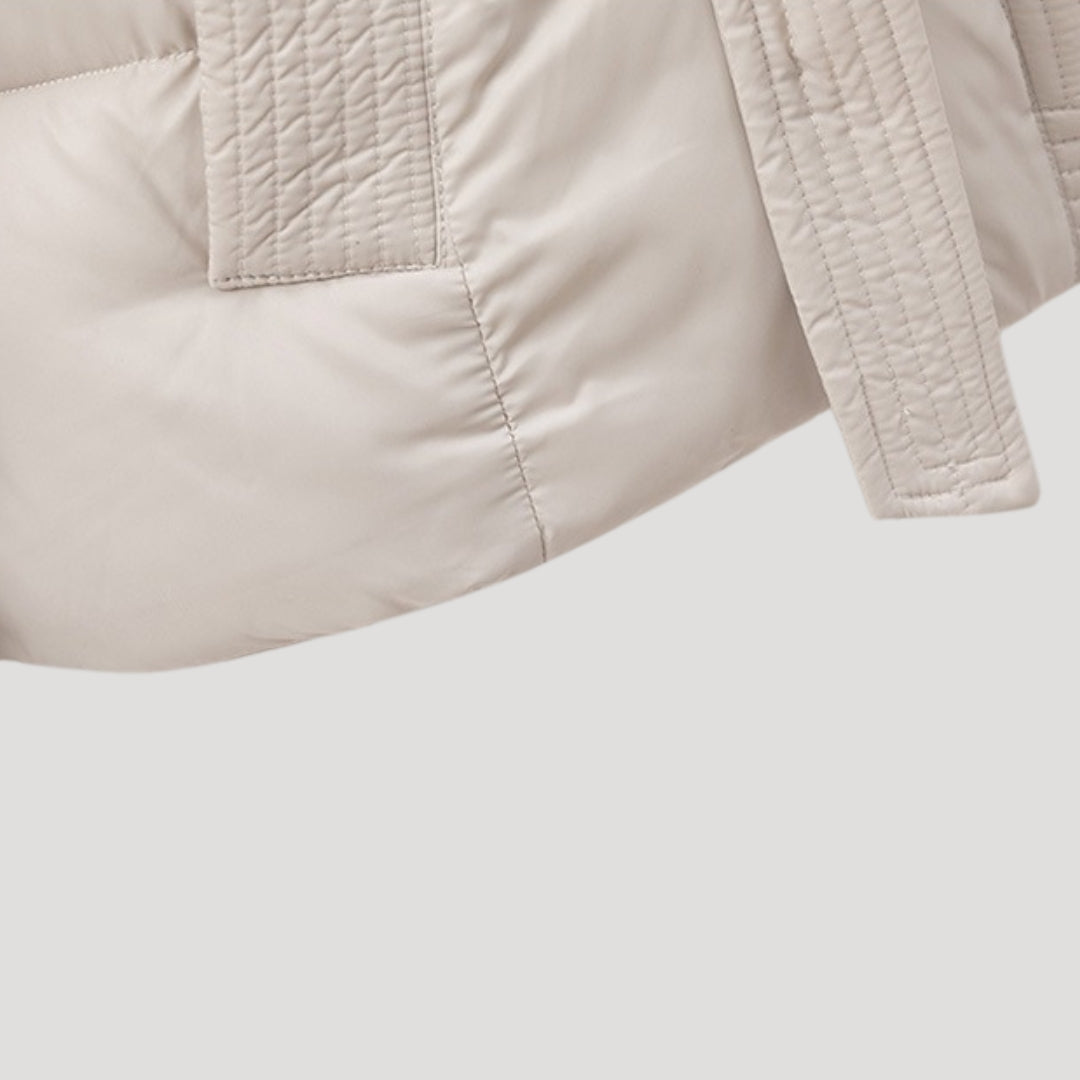 Women's Long Winter Jacket with Huva and Waist Belt