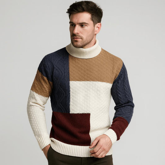 Herren-Rollkragenpullover aus leichtem Strick mit markanten Patches