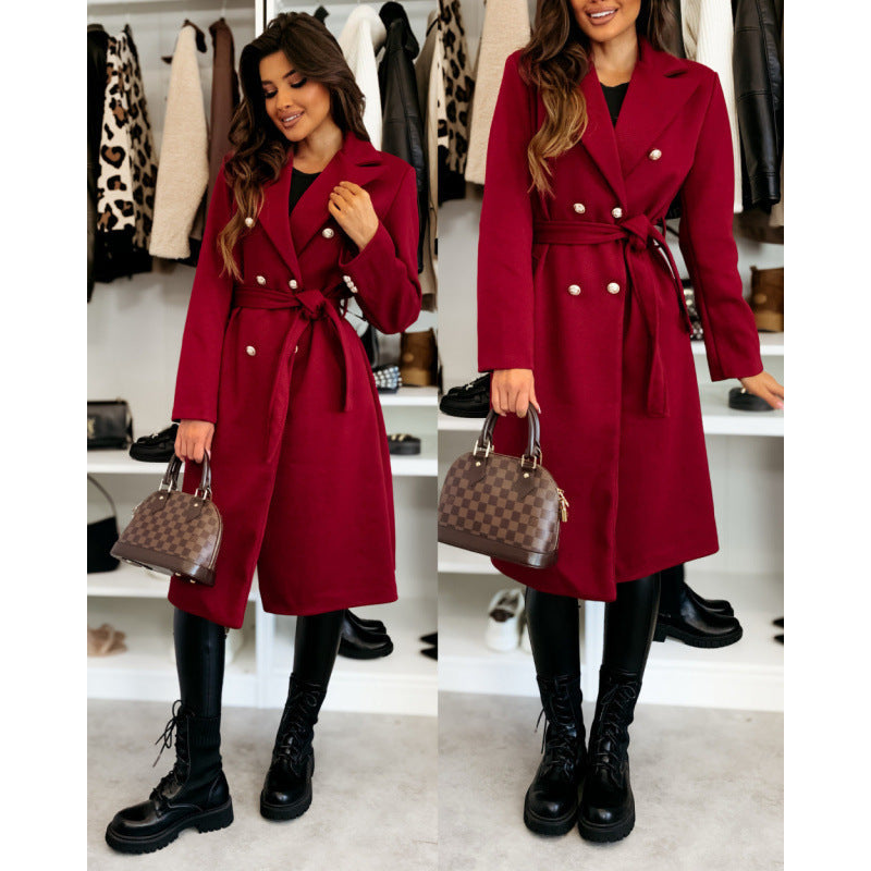 Women's coat with double-breasted button placket and belt