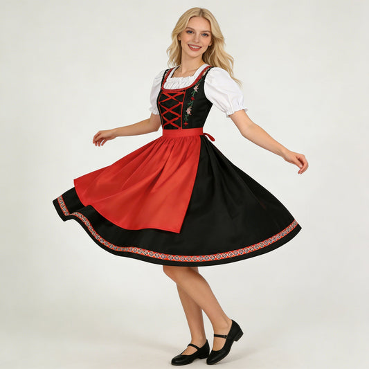 Damen-Dirndl von vorne mit besticktem Mieder und passender Schürze