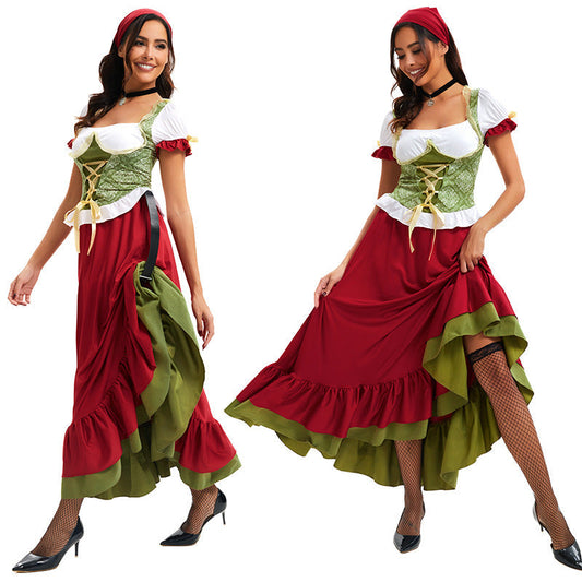 Damen-Dirndl als traditionelles Trachtenensemble mit Corsagenmieder und Stufenrock