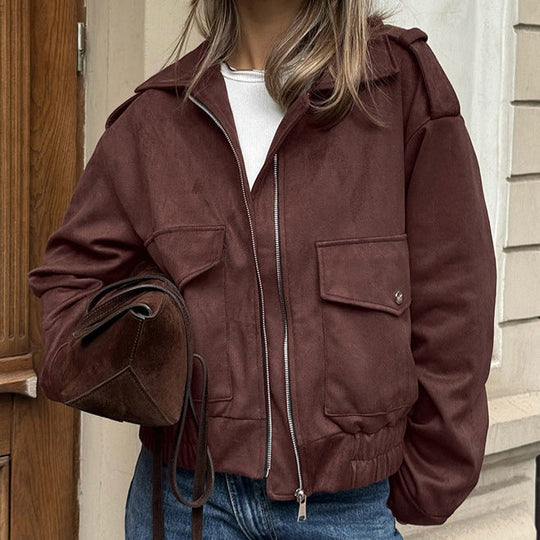 Women's short jacket with zipper and patch pockets