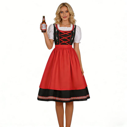 Damen-Dirndlkleid mit besticktem Mieder, Puffärmeln und Schürze in der Gesamtansicht
